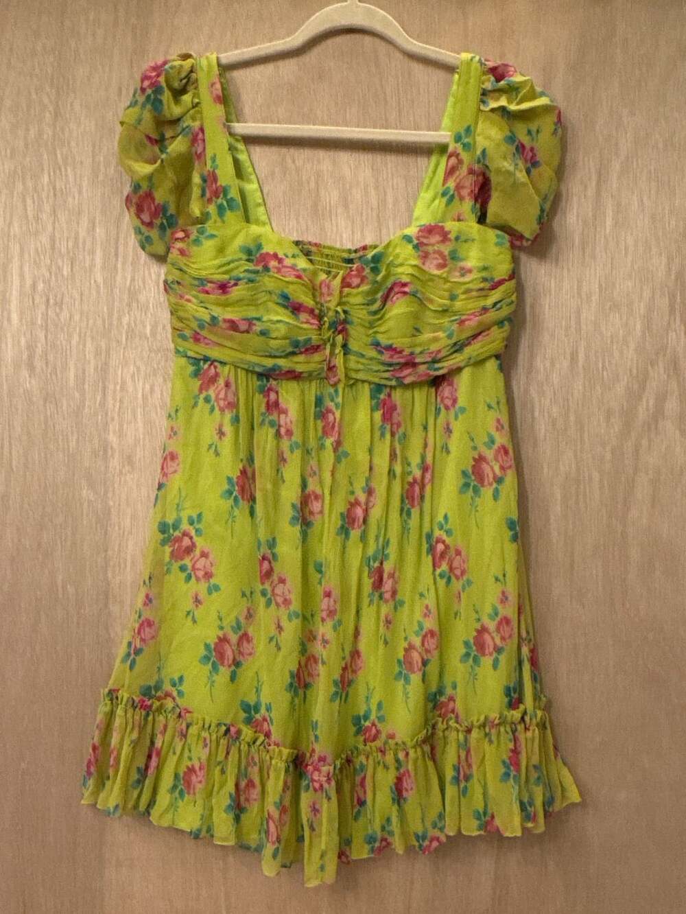Betsey Johnson Collection Silk Floral Ruched Puff Sleeve Babydoll Mini Dress